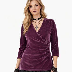 Soft Surroundings Womens M Velvet Cabernet Faux Wrap Cherry Coded Boho Top